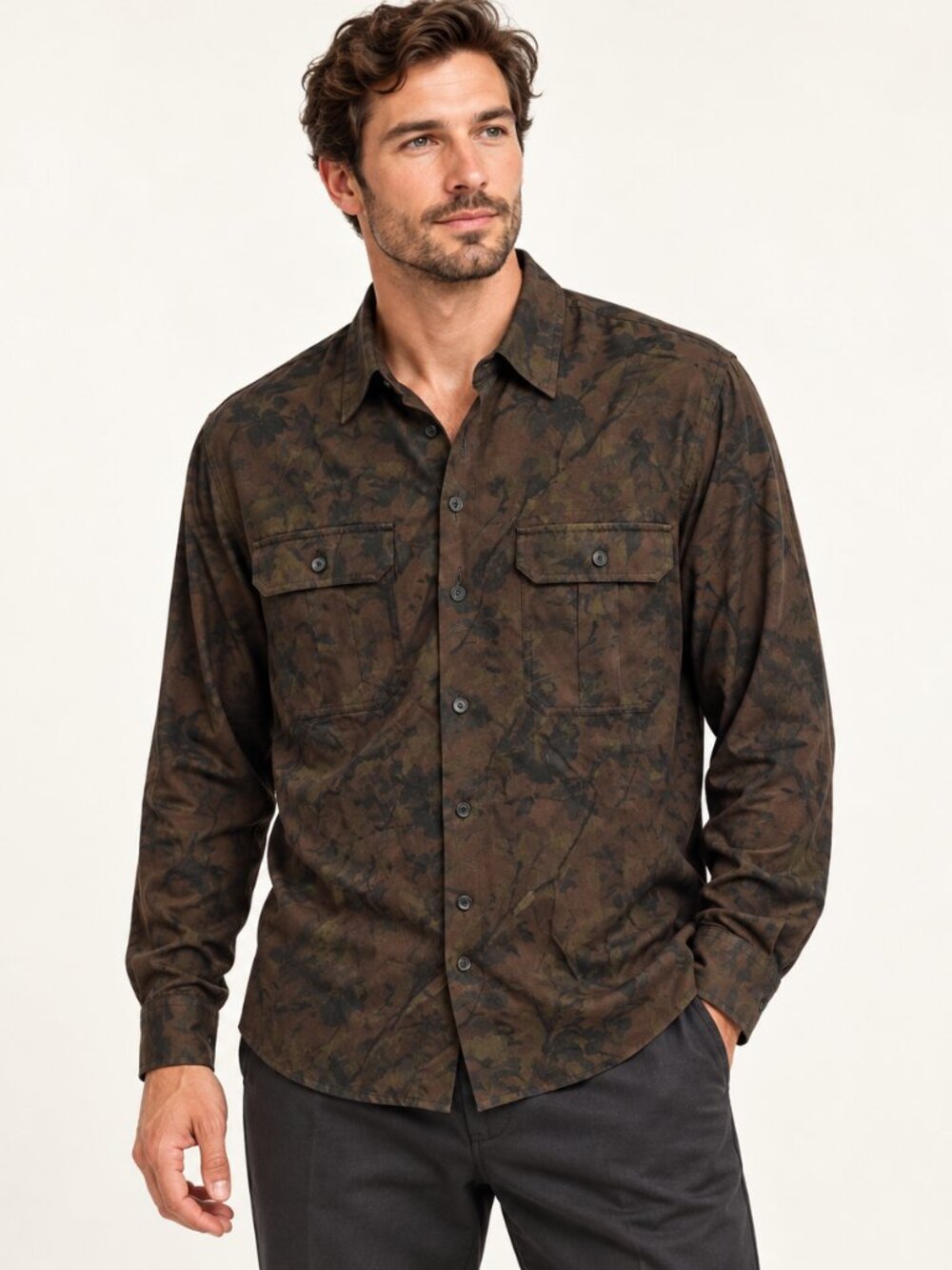 The Kooples Brown Floral Print Viscose Double Pocket Button Up Shirt XL